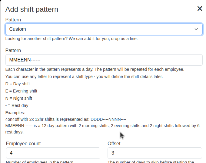 Add custom shift pattern